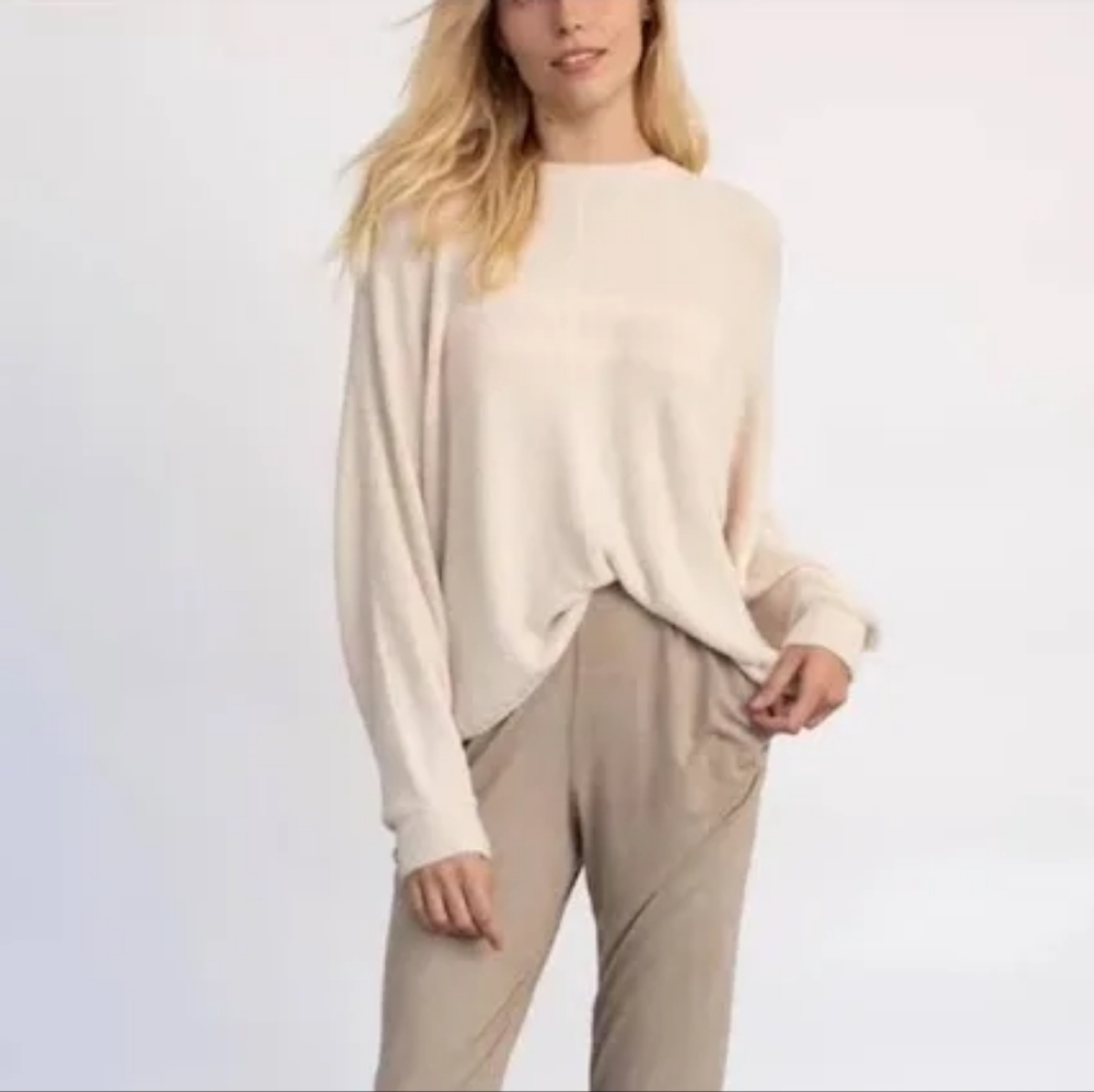 NWT! REVOLVE HELLO NITE SOFT WHITE DOLMAN SWEATER W/ LIGHT PINK STRIPES